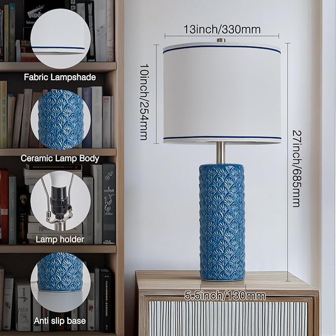 27" Farmhouse Bedside Table Lamp Set of 2, Bule Modern Ceramic Lamps for Living Room, 3 Color Temperature Rustic Table Lamps for Bedroom, Night Stands, Dorm,Office, Home Décor (Bulb Included) - Bloomnest