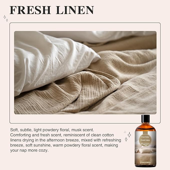 100ML/3.38fl.oz Fresh Linen Fragrance Oils, PHATOIL Fresh Linen Oil for Diffuser, Humidifier, Scented Oils for DIY Soap, Candle Making with Premium Glass Dropper PHATOIL