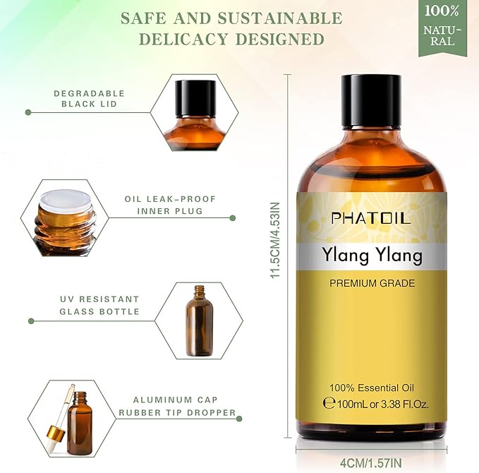 PHATOIL 100ML Ylang Ylang Essential Oil, Premium Essential Oils for Diffuser, Humidifier, 3.38fl.oz Scented Oils for Soap, Candle Making PHATOIL