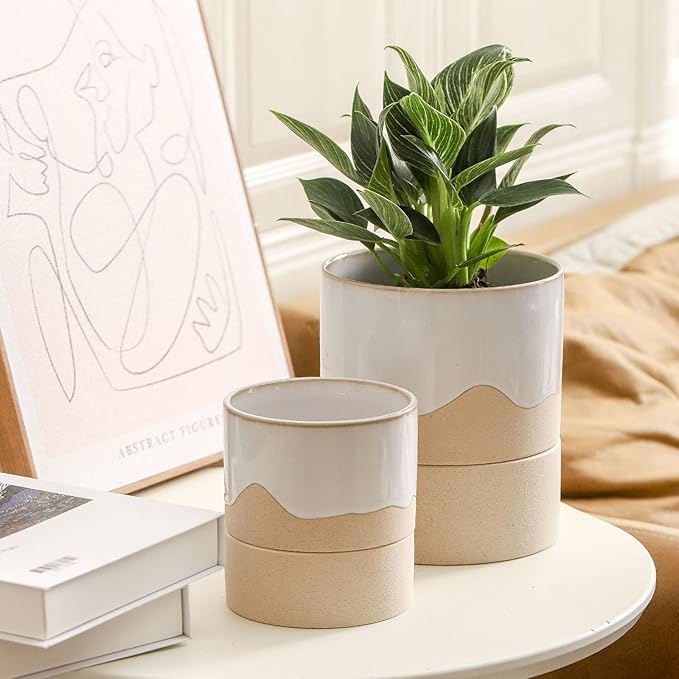 Nihow Self Watering Plant Pot: 4.5 Inch Ceramic Planter with Drainage Hole & Water Storage Plus for Indoor & Outdoor Plants - Cylinder Flower Pot for Herbs/Violets - White & Nature - Bloomnest