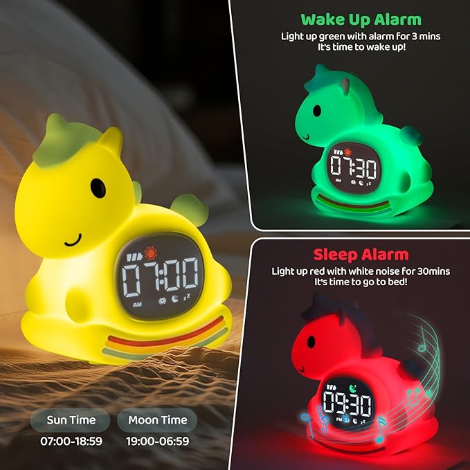 Alarm Clock with Night Light for Kids with Sleep Training and Sound Machine, Rechargeable Silicone Lamp OK to Wake Clock，Cute Animal Tabletop Lamp, Perfect Sleep Companion for Boys Girls，Blue Pony - Bloomnest