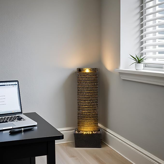 Indoor/Outdoor Water Fountain with LED Lights – Vintage Rock Design and Relaxing Waterfall Feature for Home, Garden, or Office (Straight Slate Stone)