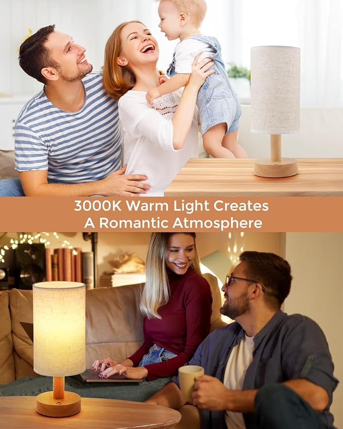 Cordless Table Lamp, 2200mAh Battery Operated Desk Lamp, Touch Bedside Lamps for Night Stands, Warm Light Mini Boho Lamp, Wood Base Round Flaxen Fabric Shade for Living Room,LED Bulb Included (Beige) - Bloomnest