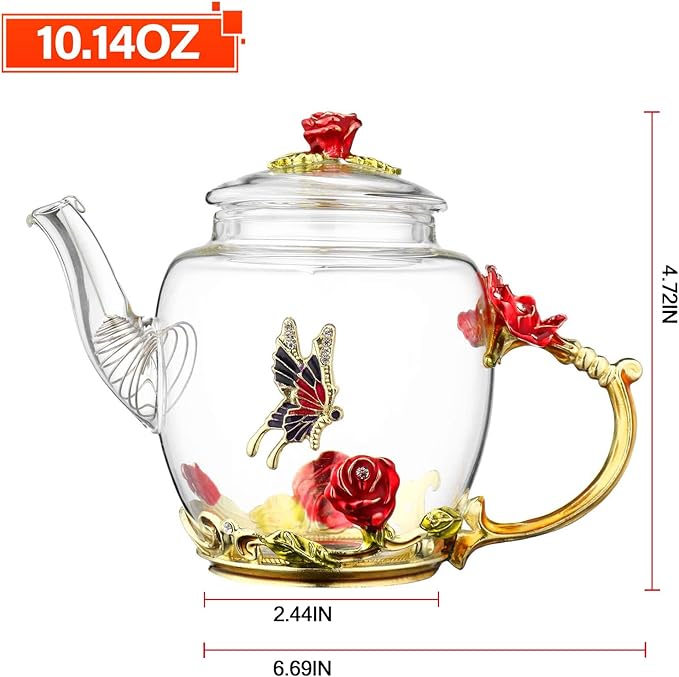 Glass Teapot -300 ml (10 oz), Flower Decoration Heat Resistant Glass Teapot Kettle with Golden Leaf Edge Color Floral Pattern Retro Teapot Tea Party Set (Red) - Bloomnest