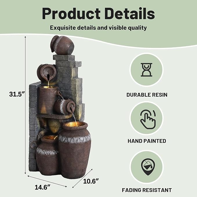 6-Tiers Garden Waterfall Fountain Outdoor - 31’5''H Water Fountains and Waterfalls, Large Outdoor/Indoor Floor Standing Resin Water Fountain with LED Light for Patio, Garden and Home (31.5”H) - Bloomnest