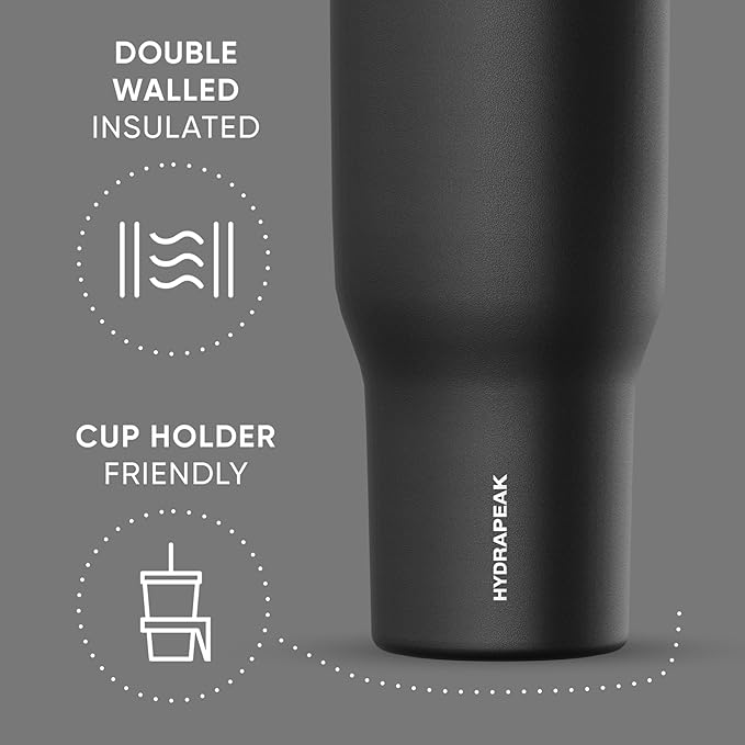Hydrapeak Voyager 40 Oz Stainless Steel Tumbler with Handle, Insulated Water Bottle With Straw & Lid, Cupholder Friendly Reusable Travel Mug (Black) - Bloomnest