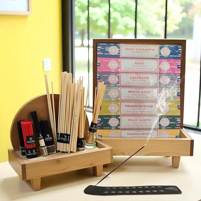 Incense Sticks Variety Pack with Wooden Holder | Nag Champa, Rose, Lavender, White Sage, Frankincense, Palo Santo & Sandalwood | Hand-Rolled Masala Incense Guruji+Divinity