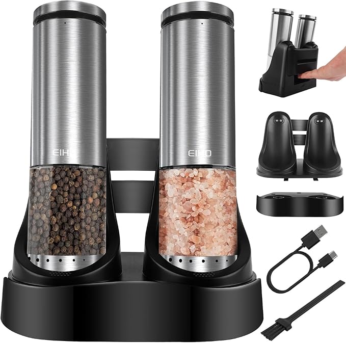 Electric Salt and Pepper Grinder Set Rechargeable, External Adjustable Coarseness, Automatic Salt & Pepper Shakers Mills, Kitchen Gadgets,Stocking Stuffers Christmas Cooking Gifts for Adults Men Women - Bloomnest