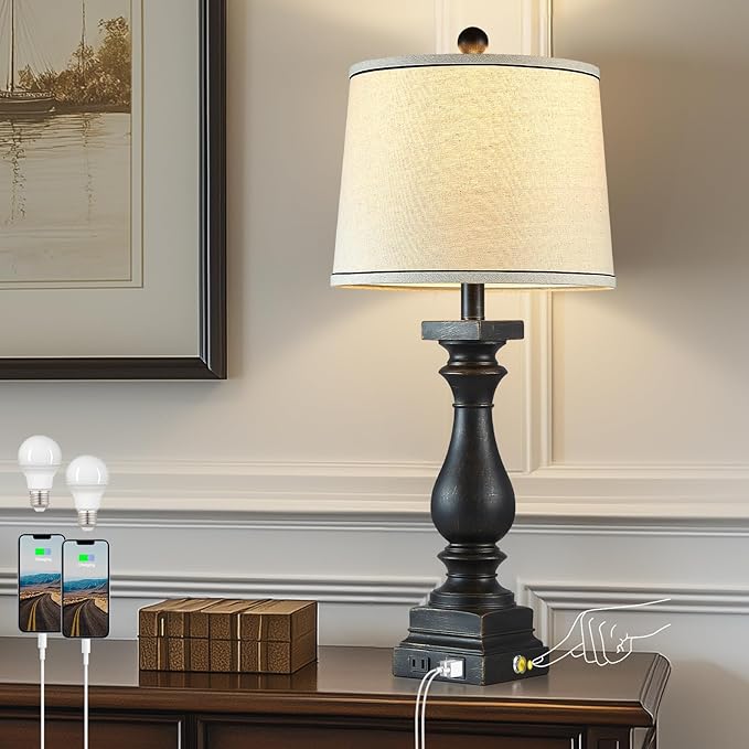 28" Tall Farmhouse Table Lamps with USB C+A Ports and AC Outlet, 3 Way Touch Control Rustic Bedside Lamps for Bedroom, Black Vintage Nightstand Lamps for Living Room Office - Bloomnest