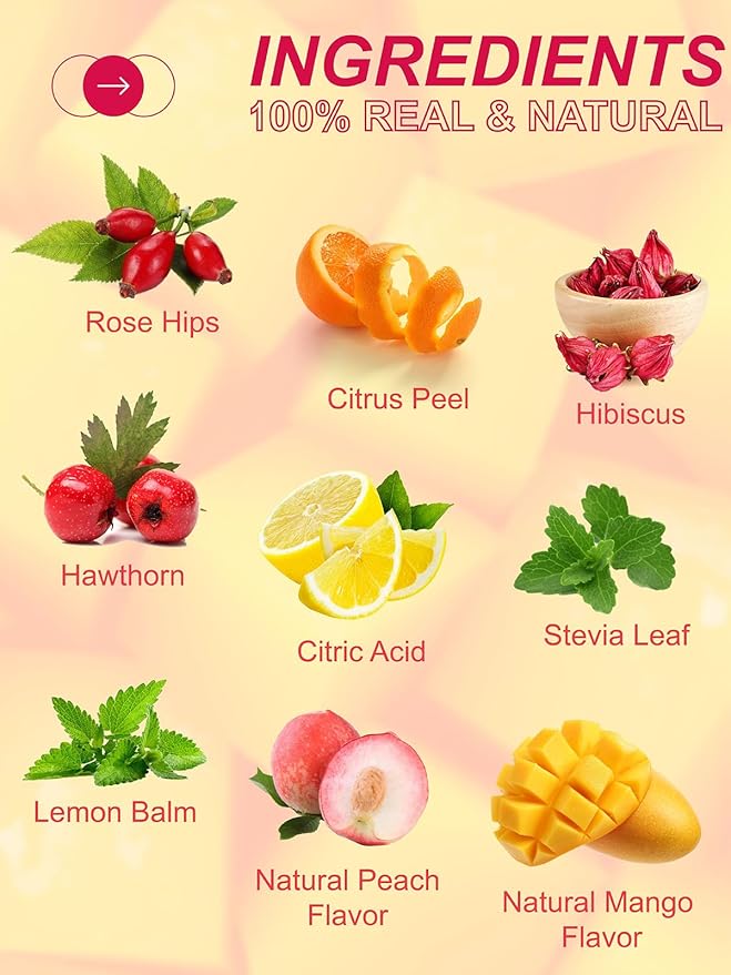 TeeLux Mango Peach Iced Tea, Rosehips Tea with Hibiscus & Chamomile & Lemon Balm, Refreshing Tart & Sweet Taste, Caffeine Free, 100 Count - Bloomnest