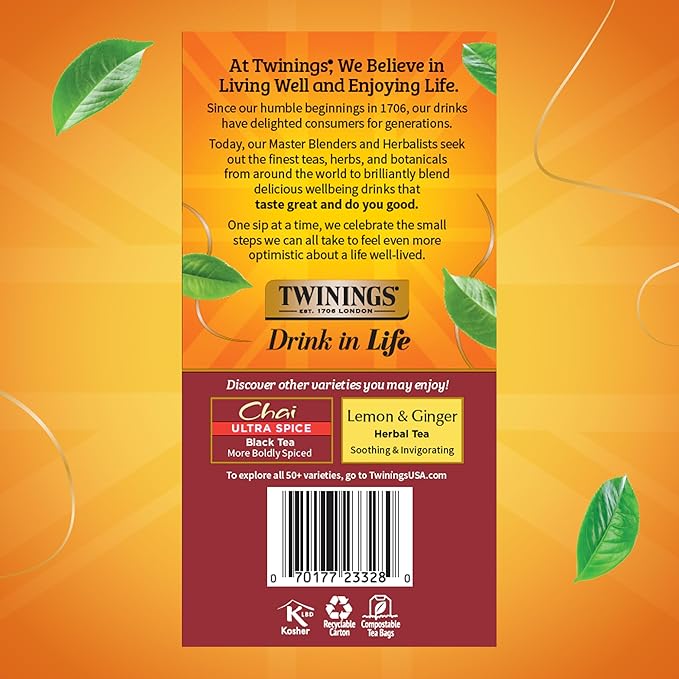 Twinings Chai Black Tea Individually Wrapped Bags, 50 Count (Pack of 6), Sweet, Savoury Spices, Caffeinated, Enjoy Hot or Iced, 300 Teabags - Bloomnest