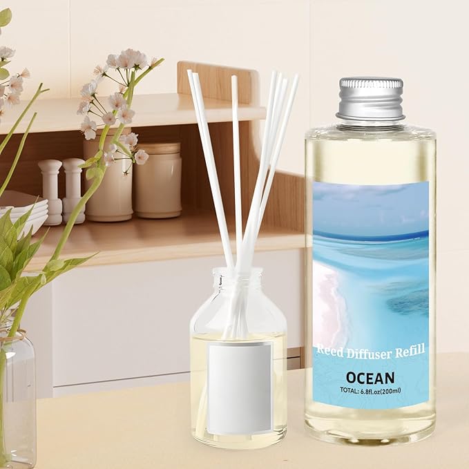 STRN Reed Diffuser Oil Refill, Ocean Scented Diffuser Oil Refills with 6 Reed Sticks 200ML(6.8fl.oz), Room Fresheners for Home, Long-Lasting Fragrance for Living Room, Bedroom, Office, Home Décor - Bloomnest