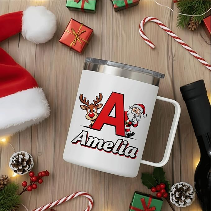 Personalized Christmas Mug with Name Initial - Cute Peekaboo Santa & Reindeer 12oz Insulated Stainless Steel Coffee Cup Tumbler with Handle & Lid - Fun Holiday Xmas Gifts for Kids, Girls (B170) - Bloomnest