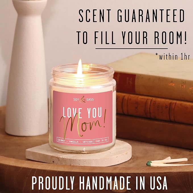 Gifts for Mom, Mom Birthday Gifts, Mothers Day Gifts for Mom - 'Love Mom' Soy Candle, w/Coconut & Vanilla I Birthday Gifts for Mom Gifts from Daugher or Son I 50Hr Burn, USA Made - Bloomnest