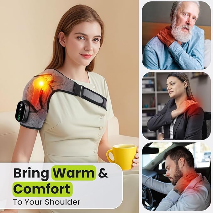 Cordless Shoulder Heating Pad with Vibration for Rotator Cuff Pain Relief, Arm Heated Massage Pad, Shoulder Support Brace with 3 Heating Levels & Vibration, Left or Right (Grey) - Bloomnest