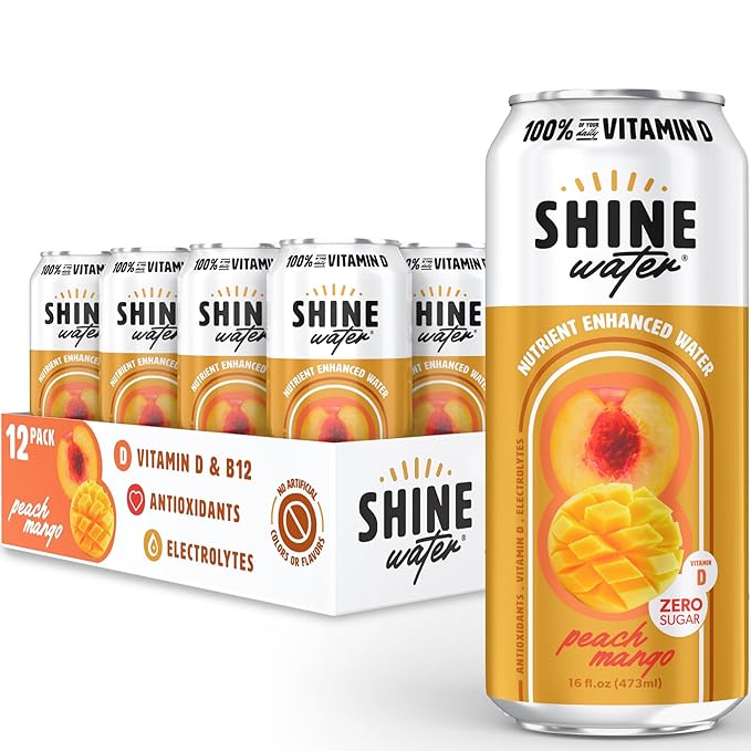 Shine Water Peach Mango Vitamin D Electrolyte Drinks 12-Pack, Sugar Free Flavored Water with Magnesium, Zinc & Antioxidants, Low Calorie Hydration Beverage, Plant-Based Vitamin Water Zero Sugar - Bloomnest