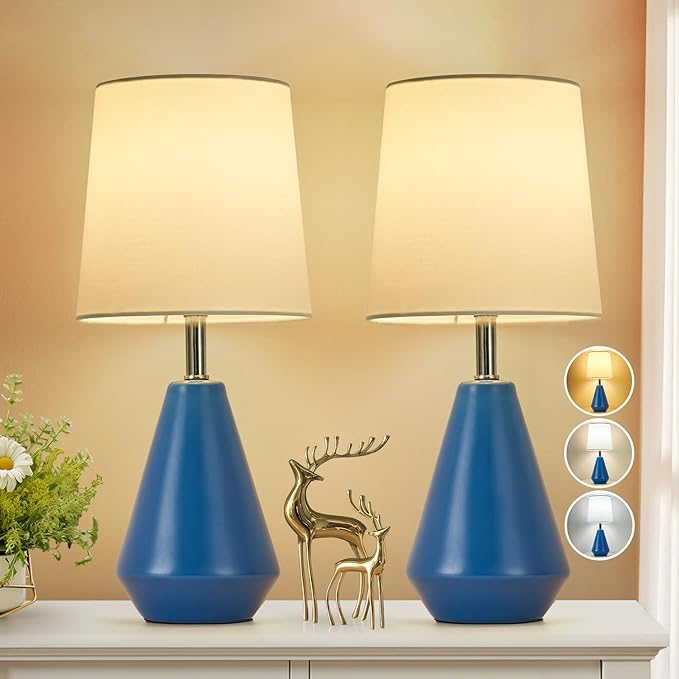 Small Bedside Table Lamp for Bedroom-Reading Desk Lamp Set of 2,with 3 Color Temperatures,15.5" Nightstand Ceramic Lamp with Fabric Shade for Kids Room,Living Room,Dorm,Home Office(Blue+White) - Bloomnest