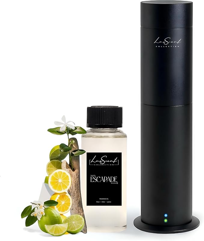 Aroma Scent Diffuser Starter Kit for Up to 1000SQ. FT. Coverage - 120ML Waterless Essential Oil Scent Included - Luxury Aroma Diffuser Ideal for Home, Office & Hotel (Black, Escapade) - Bloomnest