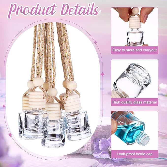 60 Pcs Hanging Car Air Freshener Car Diffuser Bottle Empty Glass Perfume Air Freshener Diffuser Bottle Pendant for Essential Oils Fragrance Aromatherapy Ornament Decor (Cylinder Style) - Bloomnest