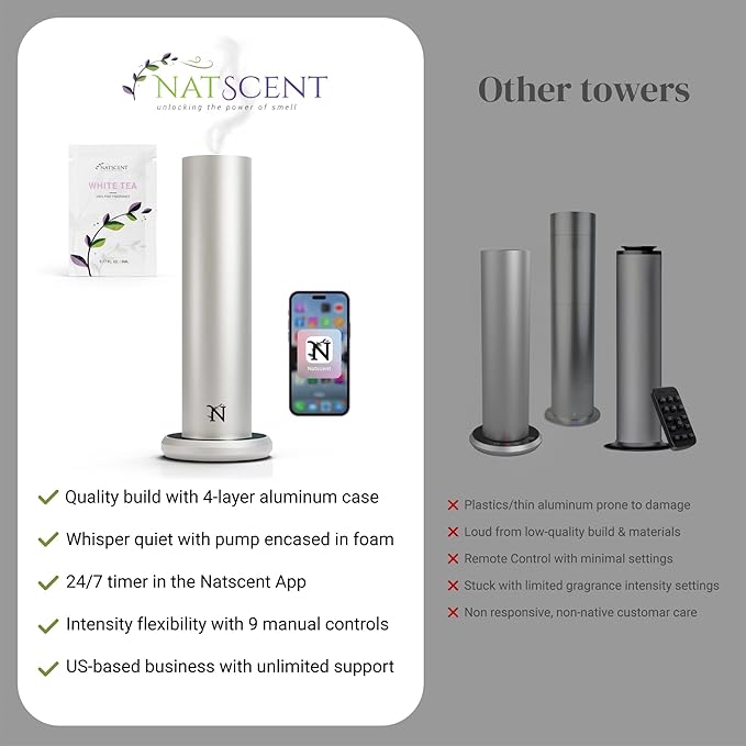 Dynamo Hotel Scent Diffuser – Cold-Air Essential Oil Diffuser for Home & Large Rooms up to 1000 sq ft, App & Manual Control, Hypoallergenic, Includes White Tea Fragrance Sample – Silver - Bloomnest
