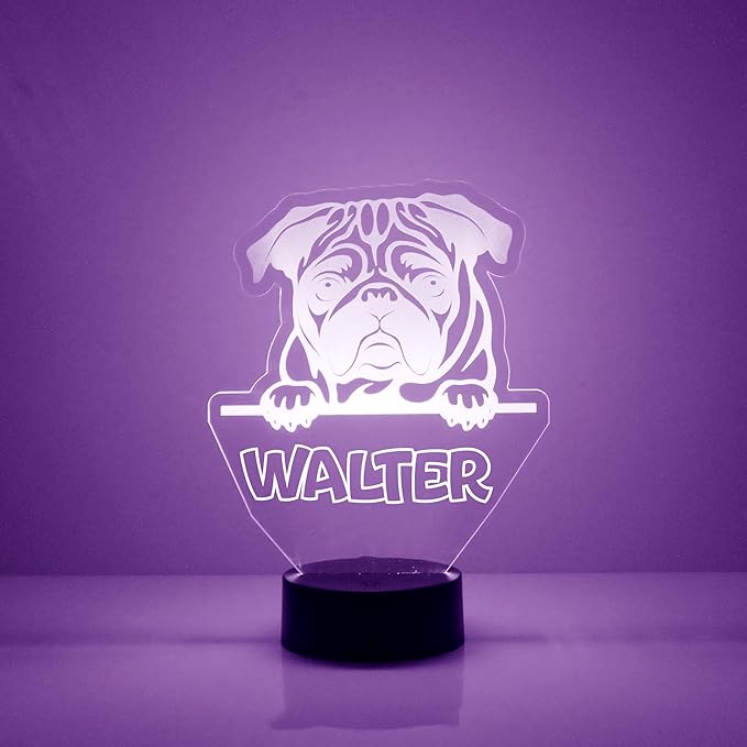 Dog LED Light for Dog Lovers, Custom Engraved with Your Name or Text, Includes Remote with 16 Colors (Pug Puppy) - Bloomnest