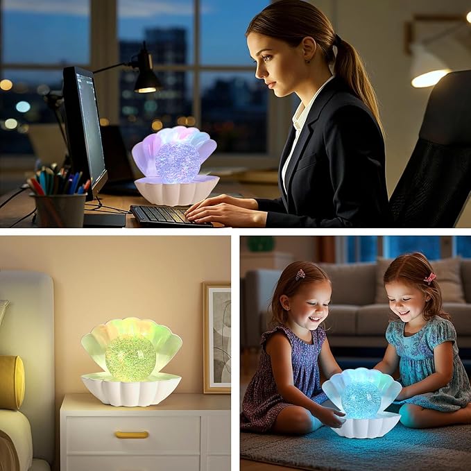 Shell Pearl Beach Themed Night Light, RGB 8 Colors Changing Mood Shell Pearl Lamps, Bedside LED Clamshell Portable Night Lights for Bar (Large White Shell) - Bloomnest