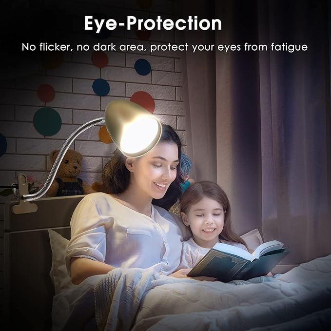 Energetic Clip on Lamp for Bed, Non-Dimmable Reading Light for Bed and Desk, 4000K Cool White, 3.5W 240 LM Flexible Gooseneck lamp, Eye Protection, ETL Listed, Gold - Bloomnest