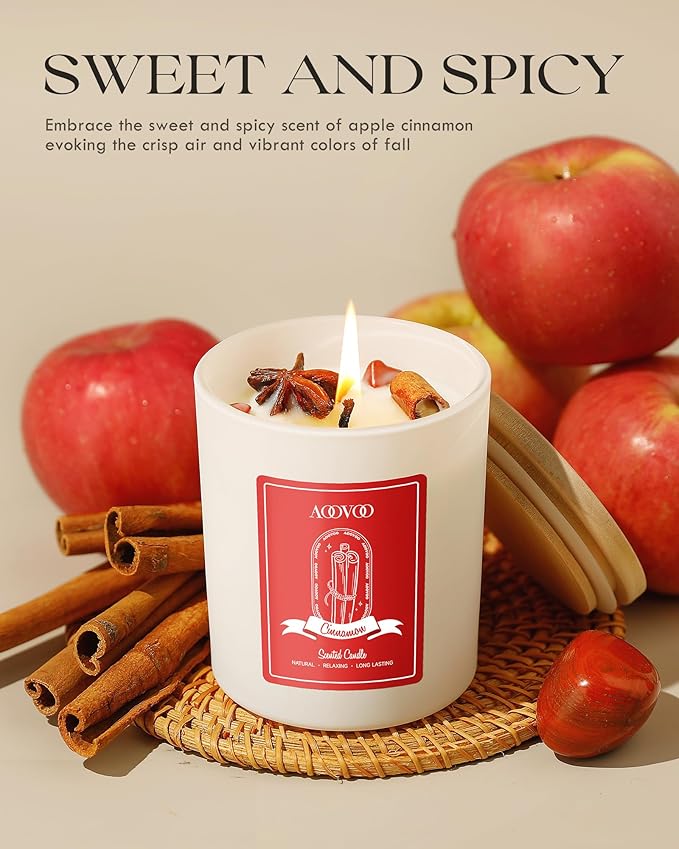 AOOVOO Apple Cinnamon Scented Candles for Women - Aromatherapy Candle with Crystals Inside, 10oz Soy Candles for Home Scented, Birthday Gifts Christmas Candle for Women Mom - Bloomnest