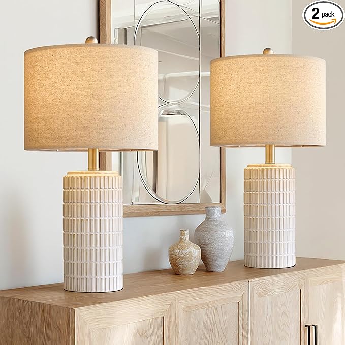 PoKat 24" Modern Ceramic Table Lamps Set of 2 for Bedroom, White Bedside Lamps for Night Stands, Farmhouse Desk Decor Nightstand Table Lamps for Living Room End Table Beige - Bloomnest