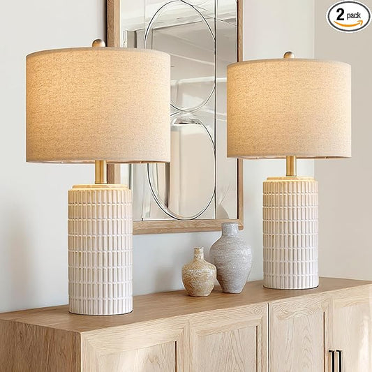 PoKat 24" Modern Ceramic Table Lamps Set of 2 for Bedroom, White Bedside Lamps for Night Stands, Farmhouse Desk Decor Nightstand Table Lamps for Living Room End Table Beige - Bloomnest