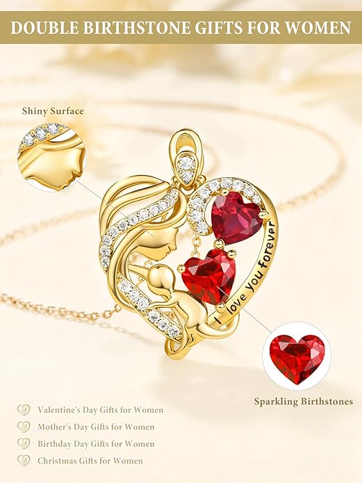 14K Gold Double Birthstone Heart Necklace for Women Mom, Mother Son/Daughter Pendant Necklace for Christmas Mother's Day Birthday Gifts for Wife Daughter Grandmom - Bloomnest