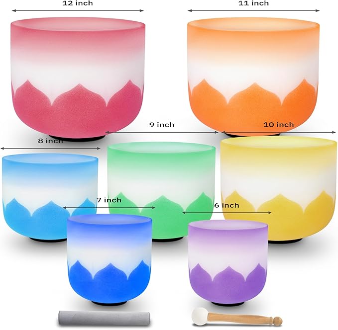 Leize 6-12 inch Lotus Design Colored Rim Chakra Tuned 432hz Set of 7 Quartz Crystal Singing Bowls with Heavy Duty Carrying Cases and Singing Bowl Mallet Suede Strikers