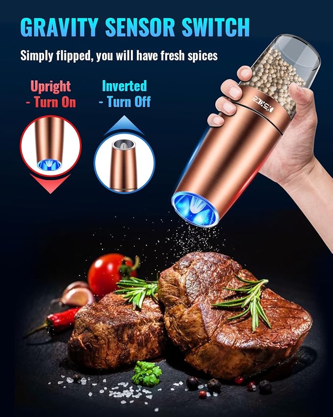 XinXu Gravity Electric Pepper/Salt Grinder, Salt or Pepper Mill, Adjustable Coarseness, Battery Powered with LED Light, One Hand Automatic Operation (Single/Copper) - Bloomnest