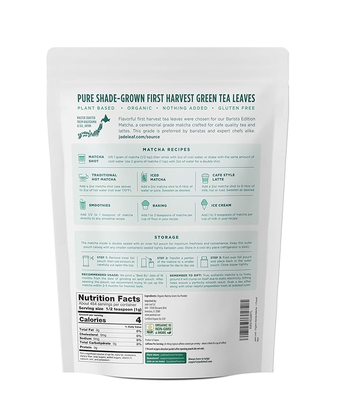 Jade Leaf Matcha Organic Premium Ceremonial Grade Matcha Green Tea Powder - Japanese - Culinary, Ingredient, Ceremonial Barista Teahouse, Latte, Collagen, 16 Ounce (Pack of 1), Ceremonial Barista - Bloomnest