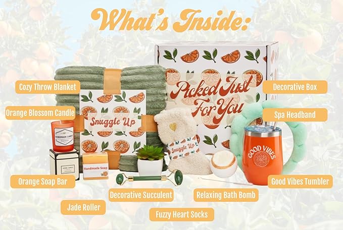 Sunny&Wise Care Package For Women - Designed in USA - Self Care Gifts After Surgery, Get Well Soon, Orange Fruit Themed, Thinking of You, 12 Oz Good Vibes Tumbler - Bloomnest