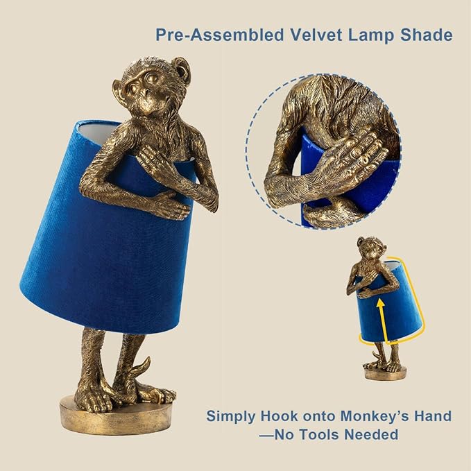 Crestview Collection Monkey Table Lamp – Gold Resin Animal Lamp, Retro Rustic Art Deco Farmhouse Desk Lamp with Blue Velvet Shade for Bedroom, Living Room, Bedside, Nightstand or Small Space - Bloomnest