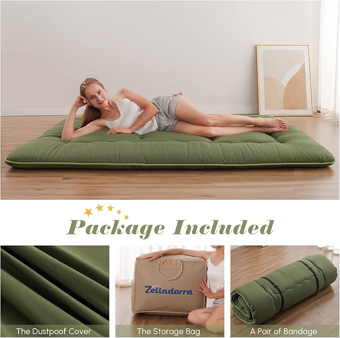 Japanese Floor Mattress, Futon Mattress with Portable Storage Bag and Washable Cover, Roll Up Thick Tatami Mat Suitable for Camping, Guest Room, Green, Twin - Bloomnest