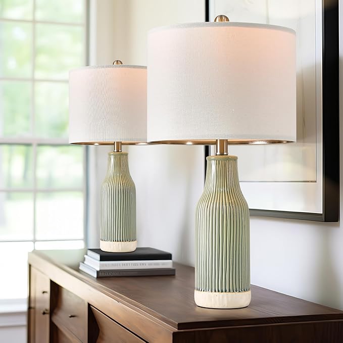 23.75" Modern Green Ceramic Table Lamp Set of 2 for Living Room, Farmhouse Bedside Nightstand Lamp for Bedroom Home Office Dorm - Bloomnest