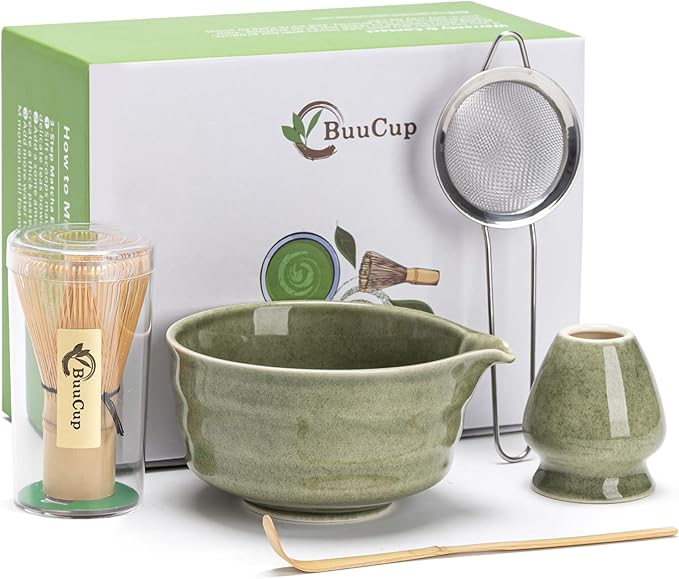 Matcha Set, Matcha Bowl with Spout, Matcha Whisk and Holder, Bamboo matcha Scoop and Stainless Sifter - 5 Pcs Jade Green Matcha Set Kit for Matcha Lover - Bloomnest