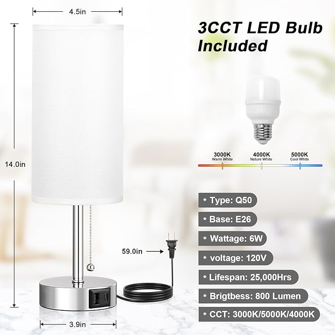 White Table Lamp for Bedroom Nightstand - Small Lamp with USB A + C Charging Port, 3 Color Temperatures Pull Chain Night Stand Light, Silver Base Desk Reading Lamp for Living Room - Bloomnest