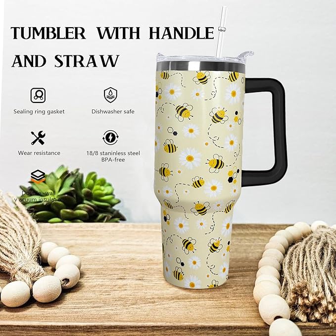 Ceovfoi Bee Gifts, 40oz Tumbler With Handle, Lid and Straw - Queen Coffee Mug, Skinny Water Bottle - Honey Themed Gifts for Women, Daisy Flowers Decor - Bloomnest