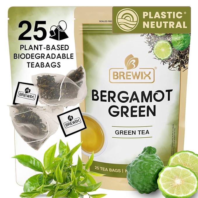 BREWIX, Bergamot Green Tea (25 Pyramid Tea Bags) | Caffeinated Tea Loose Leaf Earl Grey Green Tea With Pure Bergamot | High Elevation Grown - Bloomnest