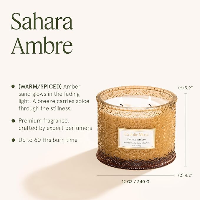 LA JOLIE MUSE Sahara Amber Candle – Bergamot, Clove & Amber | 12 oz Large 2-Wick Soy Wax Candle | 60 Hours Clean Burn | Gift-Ready for Hosts & Gatherings | Elegant Home Décor - Bloomnest