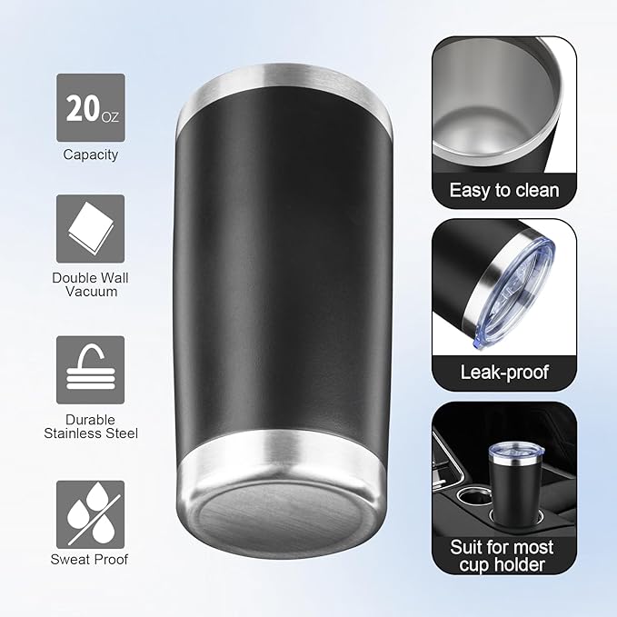 20oz Tumbler with Lid and Straw Double Wall Powder Coated Vacuum Insulated Coffee Tumbler Stainless Steel Insulated Travel Coffee Mug Spill-Proof Thermal Cup for Hot and Cold Beverage,Black - Bloomnest