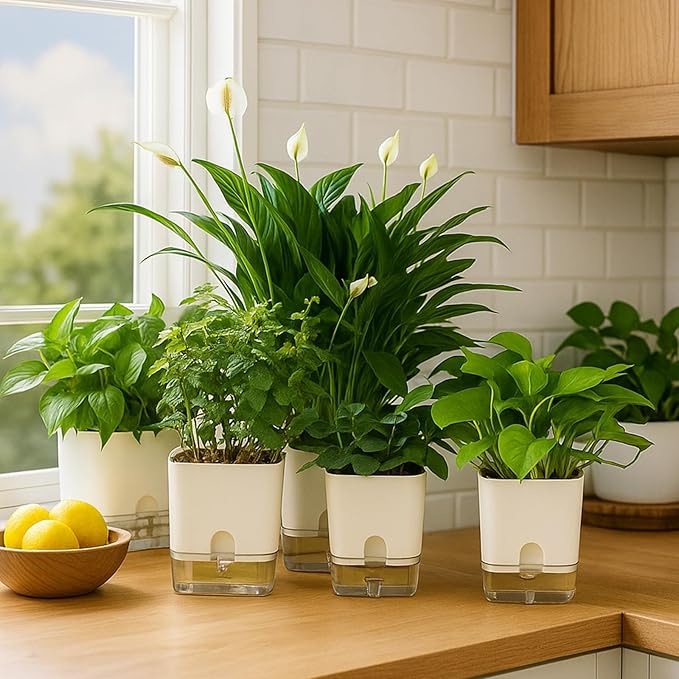Planterhoma Self Watering Plant Pots for Indoor Plants 7 inch, 4 Packs Rectangle Self-Watering Planters with Drainage Hole, White African Violet Pots for Devil's Ivy, Spider Plant, Orchid, Herb - Bloomnest