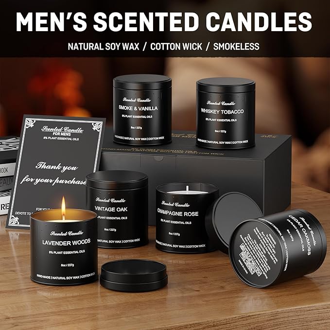 Men Scented Candle Set | Gifts for Men Aromatherapy Candles | 6 Pack Fragrances Black Tin Jar Candles | Scented Candle for Home,Work,Party | Manly Soy Candle Gifts for Boyfriend,Farther and Christmas - Bloomnest