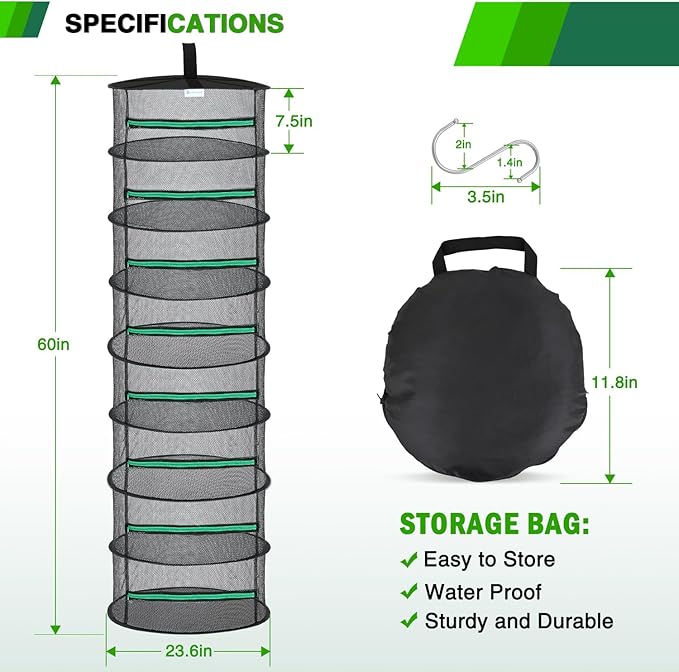 Yesker 8 Layer Herb Drying Rack Hanging Mesh Net Foldable Plant Drying Racks 24" Diameter with Green Zipper & Hook Dryer Hanging Rack for Herbs Seed Bud Fruit Clothes Grow Tent Closets Garden Outdoor - Bloomnest
