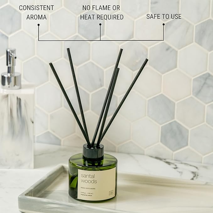 Craft & Kin Santal Woods Christmas Reed Diffuser | All Natural Essential Oil & Rattan Scent Sticks | Holiday Reed Diffusers for Home, Bathroom | Long Lasting Home Fragrance in Green Glass, 3.4oz CraftKin