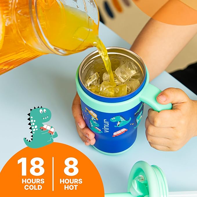 VINUR Kids Tumbler with Handle and Straw Lid |17 oz Stainless Steel Insulated Leak Proof Water Tumbler Mug for Kids Boys Girls 6+| Holder Friendly | Dinosaur - Bloomnest