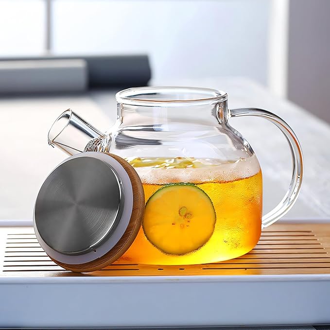 Glass Teapot Set of 5 with Bamboo Lid, 4 Teacups, 18.6OZ. Thick Durable Borosilicate Glass for Cold Brewing, Hot Tea - Bloomnest